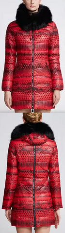 Printed Paneled Puffer Coat, Red