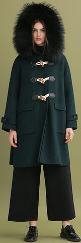 Fur-Hooded Toggle-Buttoned Oversized Wool Coat