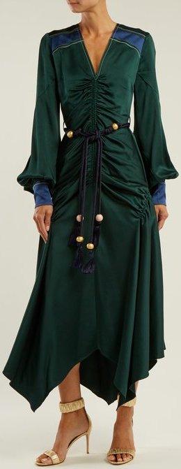 Belted Handkerchief-Hem Satin Dress