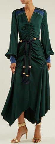 Belted Handkerchief-Hem Satin Dress