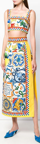 Multi-Colored Majolica Print Crop Top and Skirt Set | DESIGNER INSPIRED FASHIONS