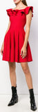 Off-Shoulder Ruffle Flared Knit Dress, Red