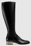 Horsebit Leather Knee Boots with Crystals
