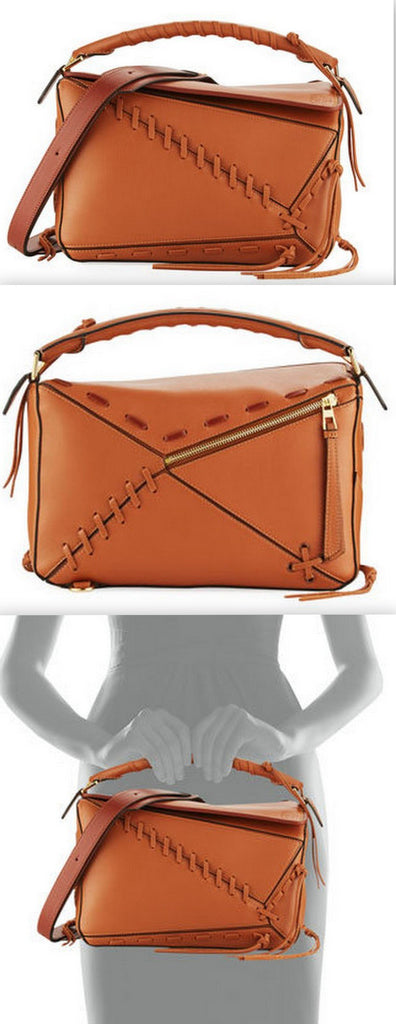 Puzzle Whipstitch Leather Satchel Bag, Tan