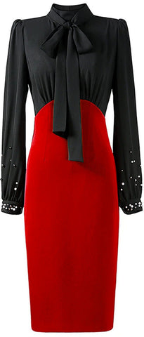Embellished-Sleeve Neck-Tie Midi Dress