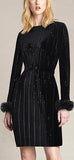 Black Glitter Pleated Dress with Rabbit-Fur-Trim