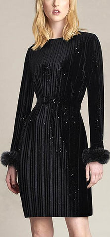 Black Glitter Pleated Dress with Rabbit-Fur-Trim