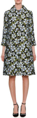 Single-Breasted Floral-Jacquard A-Line Coat