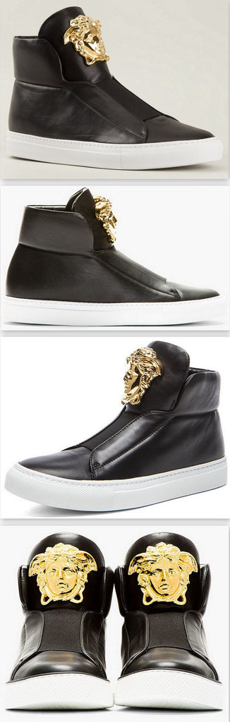 Medusa-Head Laceless Hi-Top Leather Sneakers in Black - DESIGNER INSPIRED FASHIONS