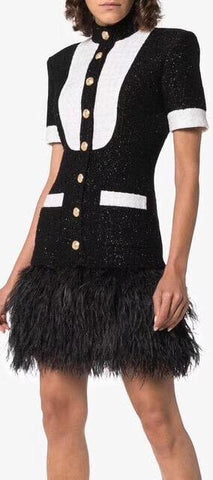 Feather-Trimmed Tweed Mini Dress