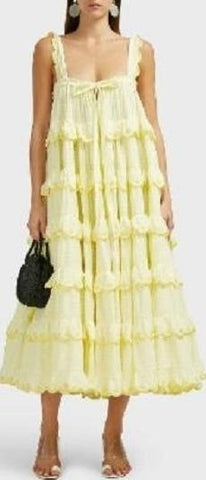 Tiered Cotton Midi Dress, Yellow | DESIGNER INSPIRED FASHIONS