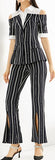 Cold-Shoulder Stripe Short-Sleeve Shirt-Blazer and Split Trouser Set