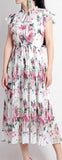 Floral Pleated Flutter-Sleeve Dress - Black or White