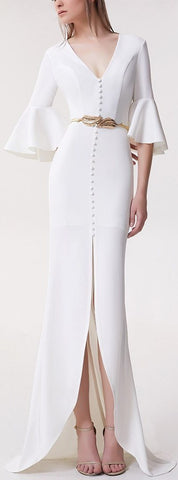 Long Bell-Sleeve Button-Embellished White Gown | DESIGNER INSPIRED FASHIONS