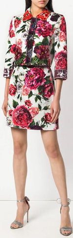 Peony Print Embellished Crop Jacket and Mini Skirt Set