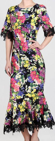Floral Printed Lace-Trimmed Midi Dress