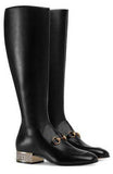 Horsebit Leather Knee Boots with Crystals