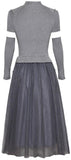 Flower-Appliques Knit and Mesh Dress with Sleeves