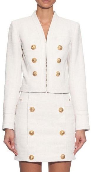 Collarless Cropped Blazer & Matching Mini Skirt in White - DESIGNER INSPIRED FASHIONS