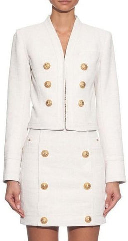 Collarless Cropped Blazer & Matching Mini Skirt in White - DESIGNER INSPIRED FASHIONS