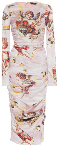 Cupid Print Long Sleeve Ruched Dress
