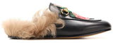 Princetown Leather Fur lined Embroidered Rose Slipper in Black - DESIGNER INSPIRED FASHIONS