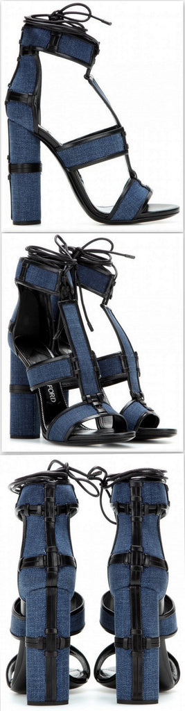 Patchwork Denim & Leather Cage Sandals in Blue - DESIGNER INSPIRED FASHIONS