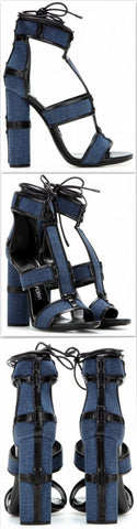 Patchwork Denim & Leather Cage Sandals in Blue - DESIGNER INSPIRED FASHIONS