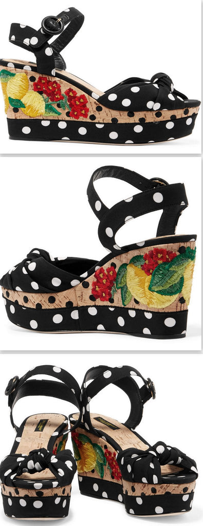Embroidered Polka-Dot Crepe and Cork Sandals - DESIGNER INSPIRED FASHIONS