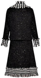 Fringed Tweed Houndstooth Paneled Jacket and Skirt Set