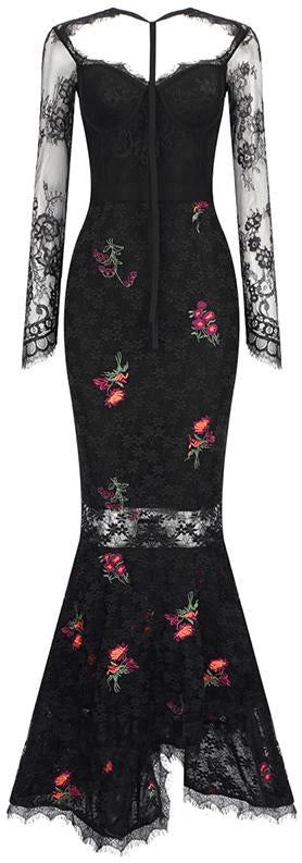Floral-Embroidered Black Lace Gown