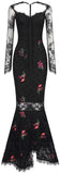 Floral-Embroidered Black Lace Gown