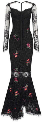 Floral-Embroidered Black Lace Gown