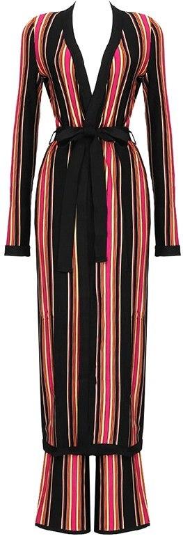 Long Striped Stretch Robe Coat and Pant Set