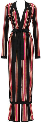 Long Striped Stretch Robe Coat and Pant Set