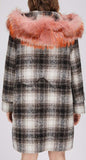 Fur-Trim Plaid Wool Coat, Pink Fur