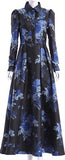 Blue-Floral Long-Sleeve Maxi Dress