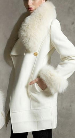 Faux-Fur Collar & Cuff Wool Peacoat in White - DESIGNER INSPIRED FASHIONS
