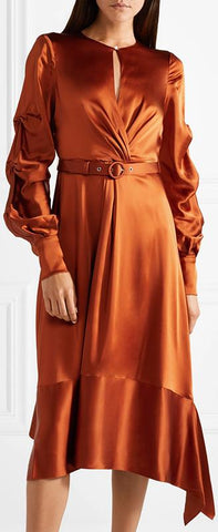 Fluid Satin Keyhole Midi Dress, Orange