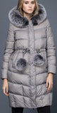 Thick Puffer Coat with Fur Trim Hood and Pom Poms, Grey