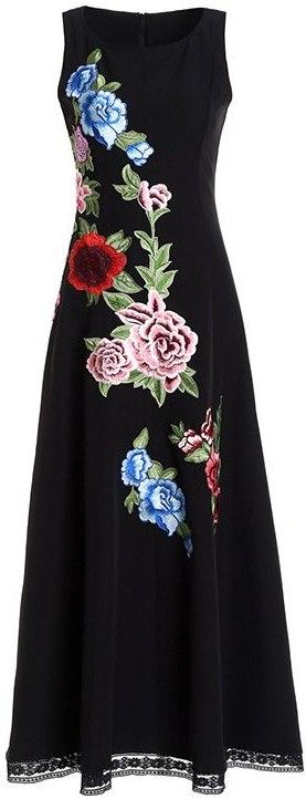 Long Black Floral-Embroidered Dress