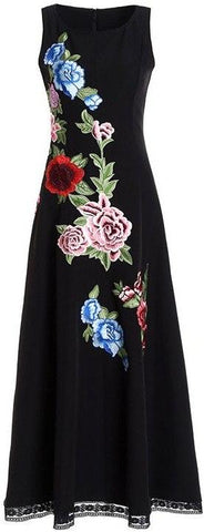 Long Black Floral-Embroidered Dress