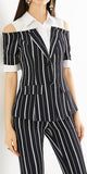Cold-Shoulder Stripe Short-Sleeve Shirt-Blazer and Split Trouser Set