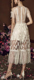 Leaf Embroidered Lace and Mesh Midi Dress