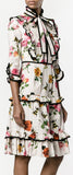 Contrast-Piping Floral Print Ruffle-Trimmed Dress