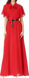 Flutter-Sleeve Long Gown with Tie-Neck Collar, Red