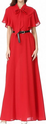 Flutter-Sleeve Long Gown with Tie-Neck Collar, Red