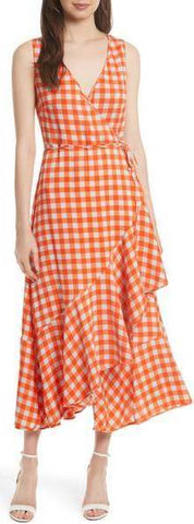 Check Ruffle Hem Wrap Dress