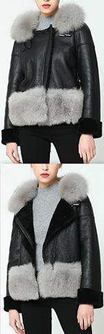 Fox-Fur-Trim Wool Lined Leather Jacket