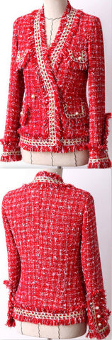 Red Fringed Tweed Jacket | DESIGNER INSPIRED FASHIONS